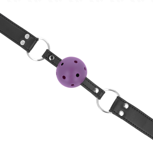 KINK - MORDAZA DE BOLA 4 CM TRANSPIRABLE CON DOBLE REMACHE MORADO 62 x 2.5 CM AJUSTABLE 42-58 CM-KINK COLLAR & GAG (Dreamlove) EAN: 8435565942052 - Imagen 4