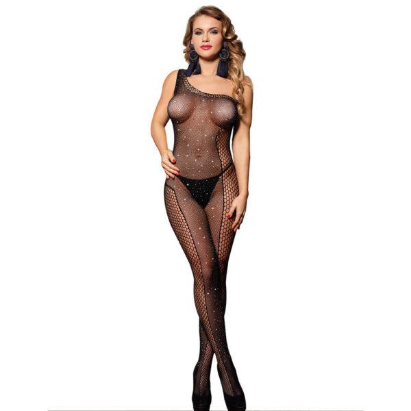 SUBBLIME - 952037 BODYSTOCKING DE REJILLA DE UN HOMBRO CON DIAMANTES NEGRO TALLA ÚNICA-SUBBLIME BODYSTOCKINGS (Dreamlove) EAN: 8435565952037