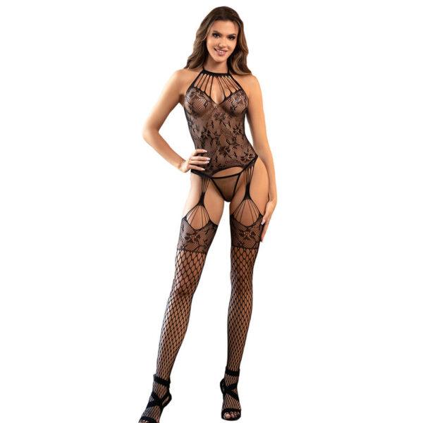 SUBBLIME - 952136 BODYSTOCKING CROTCHLESS DE REJILLA CON DETALLES FLORALES Y CUELLO HALTER NEGRO TALLA ÚNICA-SUBBLIME BODYSTOCKINGS (Dreamlove) EAN: 8435565952136 - Imagen 3