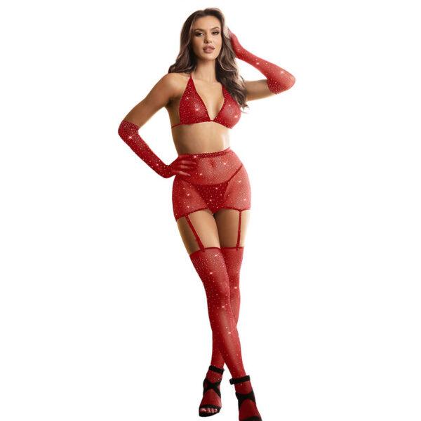 SUBBLIME - 952181 BODYSTOCKING DE REJILLA CON GUANTES Y DIAMANTES ROJO TALLA ÚNICA-SUBBLIME BODYSTOCKINGS (Dreamlove) EAN: 8435565952181