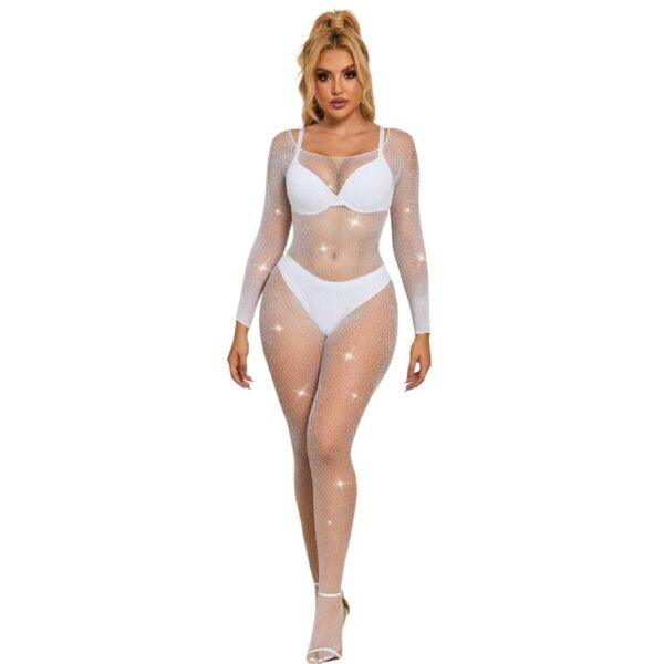 SUBBLIME - 952396 BODYSTOCKING DE REJILLA CON DIAMANTES MANGA LARGA BLANCO TALLA ÚNICA-SUBBLIME BODYSTOCKINGS (Dreamlove) EAN: 8435565952396
